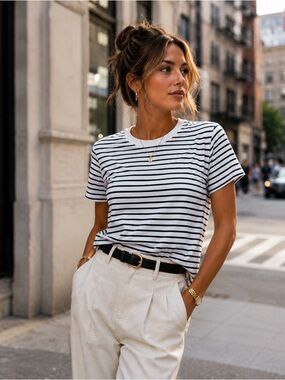 Zara Black & White Striped Short Sleeve Tee
